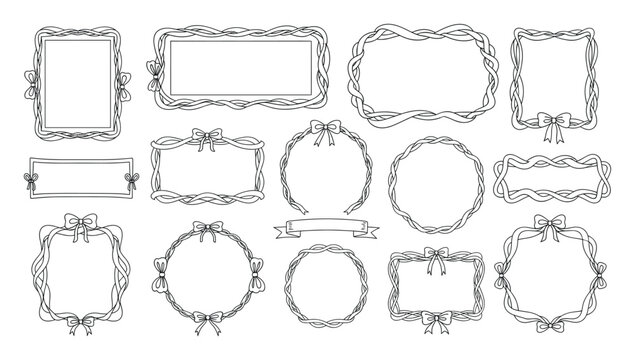Elegant collection of decorative ribbon frames and a banner suitable for wedding invitations, greeting messages, certificates, and sentimental event announcements.