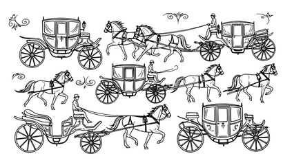 Hand drawn horse carriage silhouettes vector set with traditional horse carts sketch illustration © MdMoymul