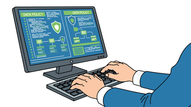 Digital Data Policy and Security Management on Computer Screen with Professional Typing