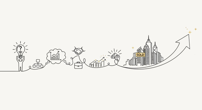 Business growth concept: Idea to city development with upward arrow graph