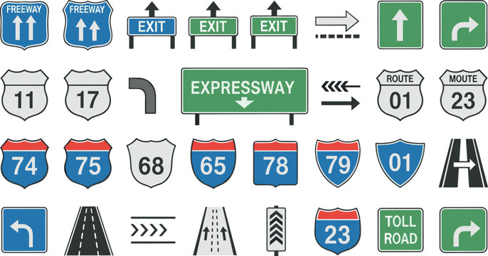 Road signs and highway icons collection with route shields exit freeway arrows traffic symbols vector illustration set isolated on white background