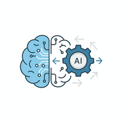 Fototapeta premium Stylized brain split into organic and circuit sides merging with AI gear