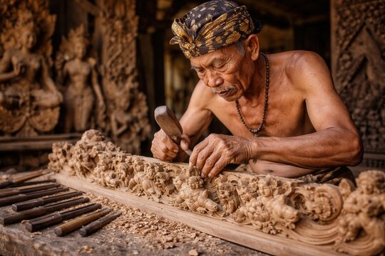 Close up of Balinese woodcarver making a new barong mask from pule wood in Ubud, Bali, Indonesia