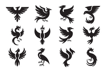 Fototapeta premium Set of stylized black phoenix icons representing myth and rebirth symbol on white background