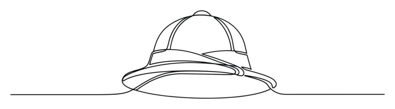 Continuous line drawing of a classic pith helmet, also known as a safari hat or sun helmet, representing adventure, exploration, and travel for various graphic projects