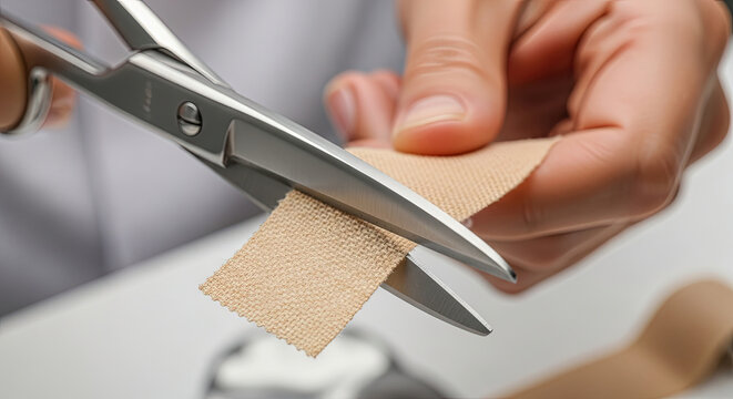 Person cutting adhesive bandage with scissors on table  