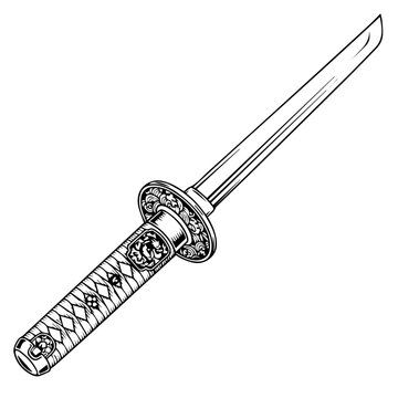 Illustration of a Japanese katana sword with ornate guard and detailed handle.