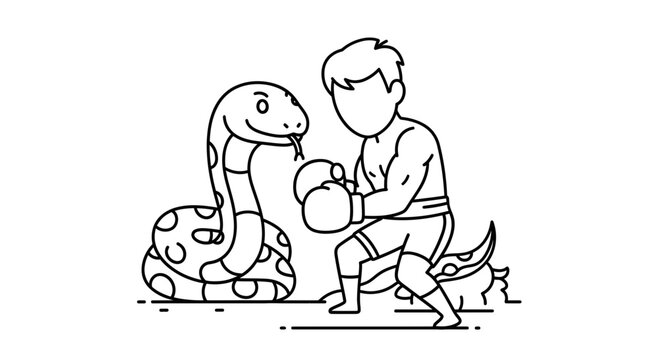Stylized depiction of a man in boxing gloves confronting a large spotted snake cartoon illustration