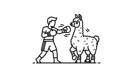 Fototapeta premium Engaging outline graphic depicting a person in boxing gear confronting a fluffy llama in a
