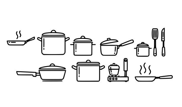 Modern bold kitchen cookware icons with pans pots and saucepans outline symbols for cooking vector set