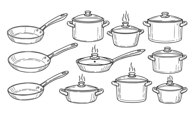 Hand drawn kitchen pans and pots outline collection with saucepans cooking tools sketch vector illustration