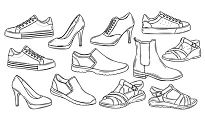 Hand drawn shoes outline icons with sneakers heels and boots artistic footwear sketch vector set © MdMoymul