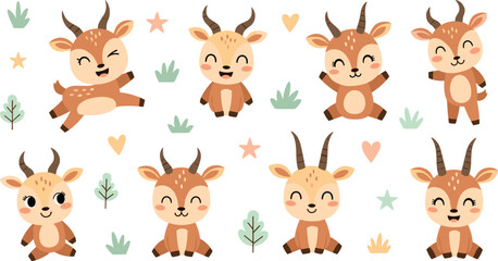 Fototapeta premium Cute deer cartoon collection with baby fawn characters forest animals playful poses flat vector illustration set isolated on white background