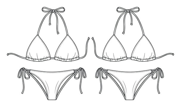 Outline flat sketch of two identical string bikini swimwear garments featuring triangle tops and tieside bottoms for fashion design projects and apparel creation references