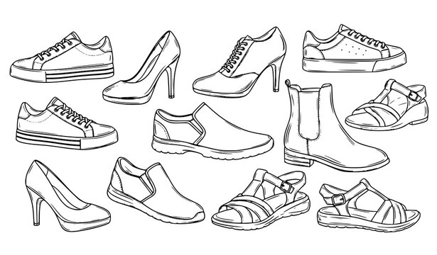 Hand drawn shoes outline icons with sneakers heels and boots artistic footwear sketch vector set