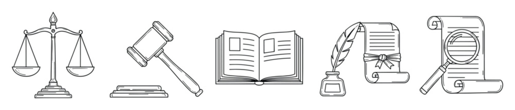 A collection of legal and justice icons featuring a scale, gavel, open law book, quill with ink, and a magnifying glass for use in legal firm services, court system representations, and