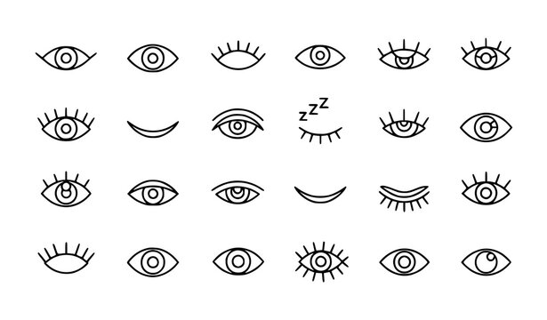 Outline eye icons set with open closed sleeping eyes and eyelash line vector symbols for vision and search design