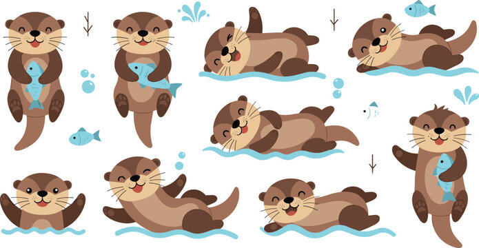 Cute otter cartoon collection with fish playful sea animals character poses flat vector illustration set isolated on white background