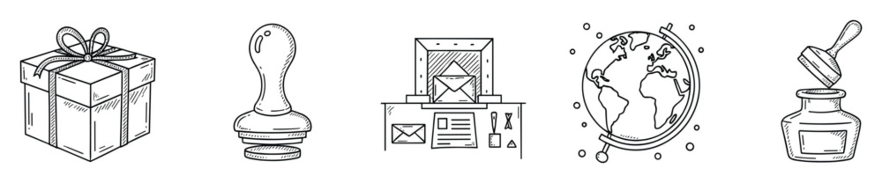 Various hand drawn postage and office supplies including a gift box rubber stamp desk setup with mail globe and inkwell useful for business communication and global delivery service concepts