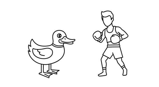 Whimsical line art portraying a duck confronting a boxer in a lighthearted cartoon style