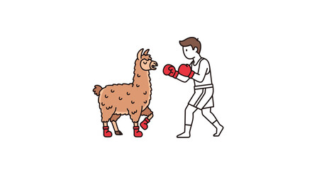 Fototapeta premium Humorous cartoon of a person and a llama ready for a boxing match in a unique showdown