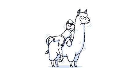 Fototapeta premium A whimsical illustration of a knocked-out boxer draped over a calm, unsuspecting llama, depicting