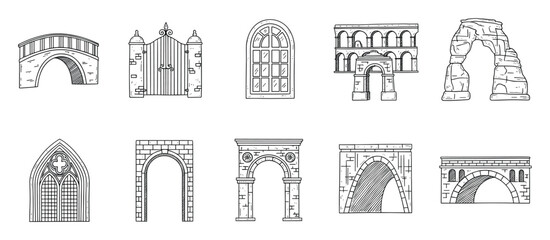 Obraz premium Collection of diverse hand drawn architectural structures including ancient bridges, classic arches, ornate gates, and traditional windows, suitable for historical education and graphic