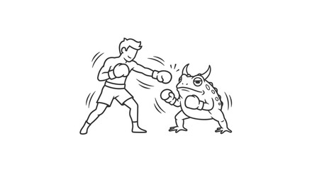 Fototapeta premium Humorous illustration of a determined boxer facing off against a tough horned toad in a quirky fight