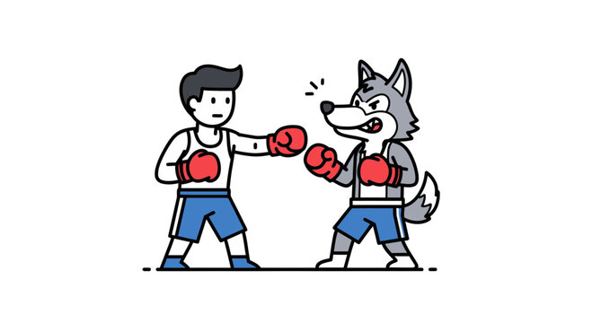 A cartoon man and wolf ready to fight in a boxing match illustration showing playful competition
