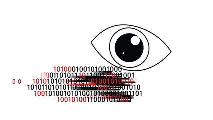 Obraz premium Digital eye icon with binary code data stream. Information flow, technology, surveillance, and privacy concept.