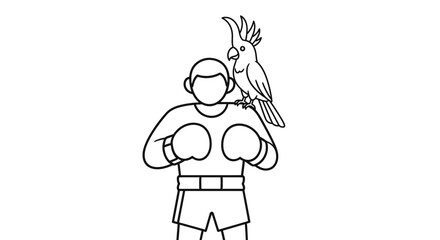 Fototapeta premium Stylized monochromatic line illustration featuring a determined boxer and their loyal cockatoo