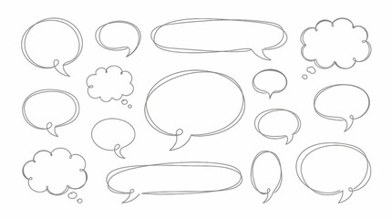 Fototapeta premium Collection of hand drawn doodle speech bubbles and thought clouds in sketchy line art style on white background, concept for social media communication, creative brainstorming and advertising