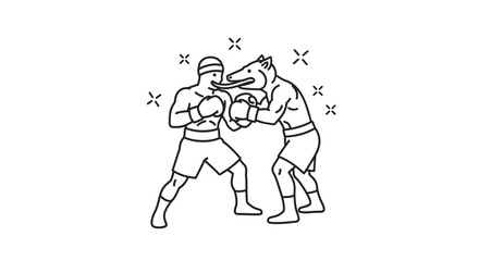 Fototapeta premium Line art illustration of an unusual boxing match between a human and an anthropomorphic dog with a