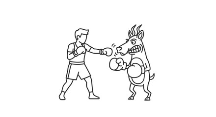 Fototapeta premium Humorous struggle between a determined pugilist and a feisty equine opponent delivering playful jabs