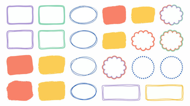 Various hand drawn colorful speech bubbles and creative doodle borders collection on white background, concept for social media content, scrapbooking and educational presentation materials