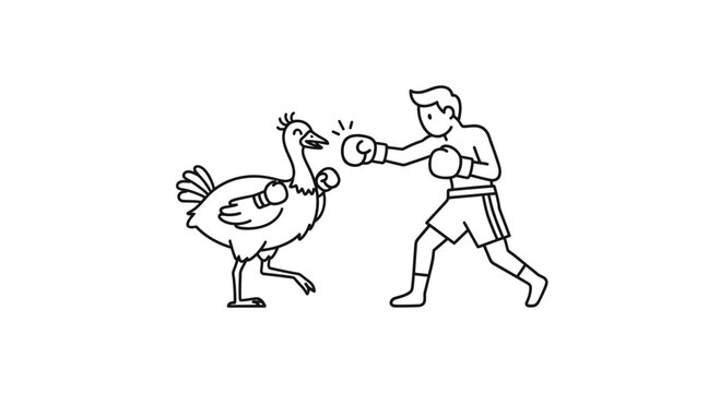 Comical illustration of a human boxer sparring with an avian competitor in a lighthearted and