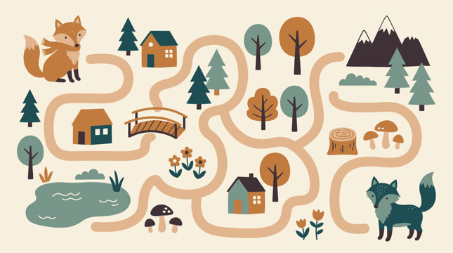 Cute forest maze map illustration featuring foxes, small houses, trees and a bridge on a cream background, concept for educational puzzle games, children's activity book and creative forest map design