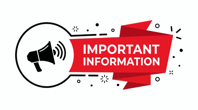 Megaphone icon with important information text on red origami banner ribbon and white background with decorative dots, concept for marketing announcement, business notification and news alert