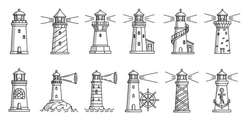 Naklejka premium A comprehensive set of iconic lighthouse illustrations in a distinct outline style perfect for maritime navigation themes, nautical decor, or coastal safety graphics