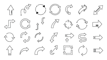 Fototapeta premium Collection of various outline arrow symbols and directional signs suitable for web interfaces, infographics, diagrams, and business presentations.