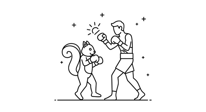 Man and squirrel in an animated boxing match with a spark of creativity