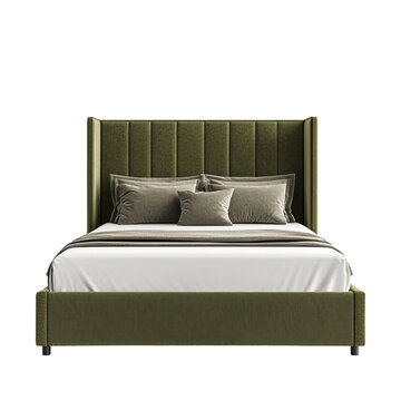 Modern bed with headboard and footboard, olive green fabric, front view, white background white background png