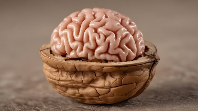A human brain sits inside a walnut shell on a textured surface, symbolizing intelligence and creativity in a unique and thought-provoking way, brain in a walnut.