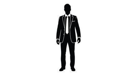 A sharply dressed man in a suit and tie stands facing forward depicted as a silhouette high quality © jivect02