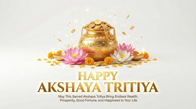 Happy Akshaya Tritiya with a golden pot of abundant coins and jewelry, pink lotus flowers, and diyas on a clean white background signifying wealth and joy