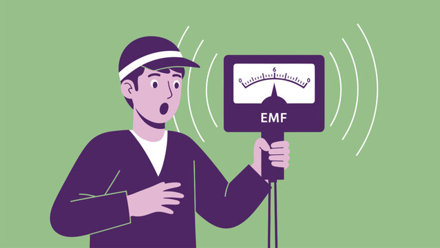 Shocked man holding EMF meter detecting high electromagnetic field radiation. Health concern illustration.