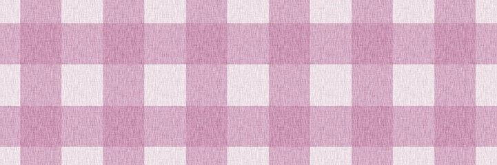 Fototapeta premium Pink mauve gingham pattern with linen texture background. Classic checkered plaid fabric for picnic, tablecloth, or textile design.