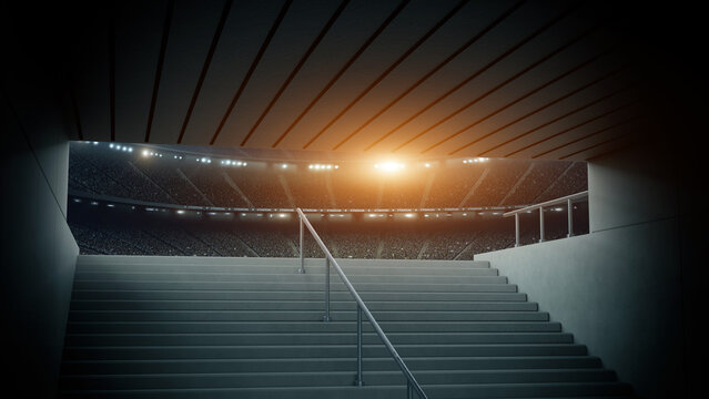 Entrance to modern soccer arena with crowded stands and tunnel stairs. An imaginary soccer stadium is modelled and rendered.
