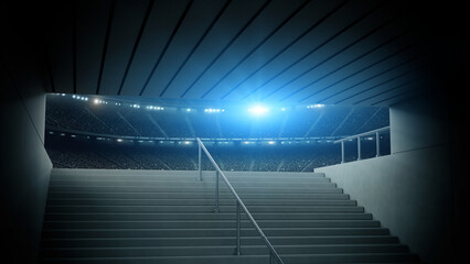 Entrance to modern soccer arena with crowded stands and tunnel stairs. An imaginary soccer stadium is modelled and rendered. © efks