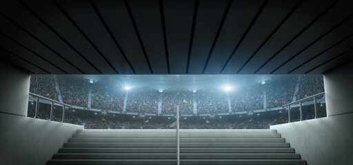 Entrance to modern soccer arena with crowded stands and tunnel stairs. An imaginary soccer stadium is modelled and rendered. © efks